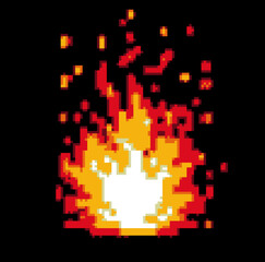Pixelated image of burning flame on a dark background. Game element in 8-bit style.