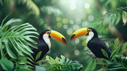 Couple of toucan bird and leaves of tropical plants on blurred background. Generative Ai