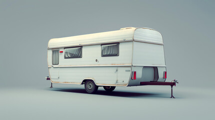 This is a 3D rendering of a vintage camper trailer. It has a white body with a rusty appearance. The trailer has two windows and a door.