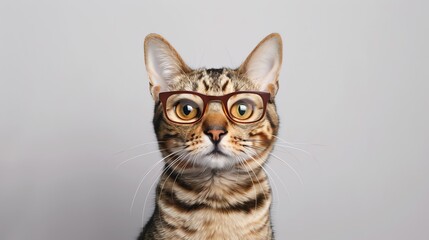 A close-up of a cat wearing horn-rimmed glasses. The cat is looking at the camera with a curious expression.