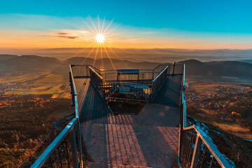 Sunrise View from Skywalk on Hohe Wand in Lower Austria, Panoramic Mountain Vista at Dawn