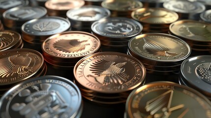A close-up image of a stack of various shiny gold, silver, and bronze coins with an eagle design. The coins are scattered on a black surface.