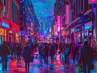 Obraz premium Vibrant Neon Lit City Street at Night with Bustling Crowd of Pedestrians