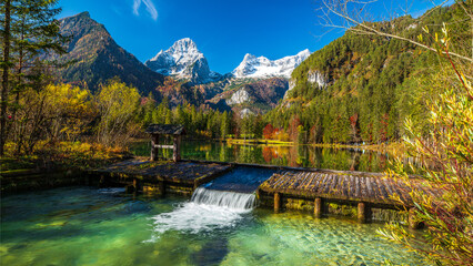 Serene Autumn Morning at Schiederweiher, Upper Austria with Vibrant Foliage and Mountain Reflections