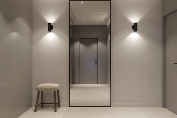 Minimalist interior design of an entrance hall with a mirror and wall sconce lights. Minimalistic home decor modern entryway with accent lighting, and a gray color palette.
