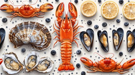 This is a beautiful seamless Summer Vacation pattern with sardines, lemons, lobsters, oysters, mussels, papaya, crabs and lobsters in a bright Mediterranean style.