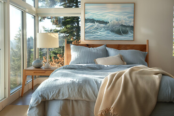 A bedroom with modern, light blue bedding and wood accents in the window is framed by an oil painting of waves on canvas. The room has large windows that frame a view of pine trees outside.