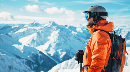 Skier in Orange Jacket on Snowy Peak