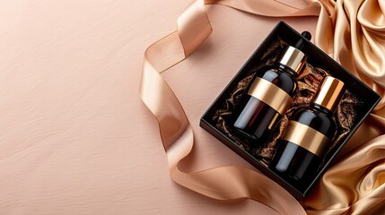 Black gift box with a golden ribbon and three dark brown glass bottles of face serum or oil inside, on a pink table against a beige fabric background