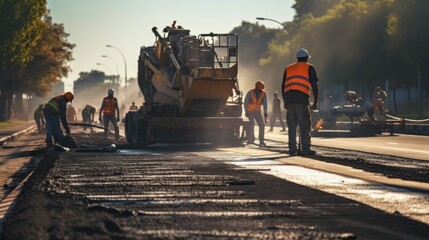 Construction site is laying new highway asphalt road pavement, road construction works with workers, and road construction machinery scene. highway construction site landscape.