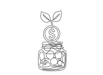 Stack coins in jar in single continuous line. Savings or investments. Profit growth drawing with one line. Saving and family budget concept. Money plant. Budget or fund. Financial bank deposit.