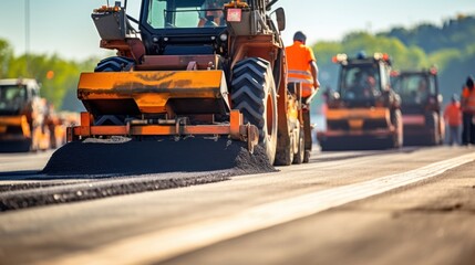 Obraz premium Construction site is laying new highway asphalt road pavement, road construction works with workers, and road construction machinery scene. highway construction site landscape.