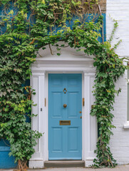 Blue Front Door Surrounded by Greenery