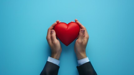 A photo of a person holding a red heart in the palm of their hand. The hand and heart are held up against a blue background.