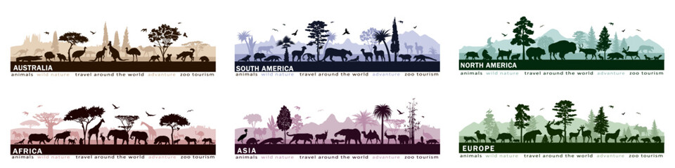 Set of European, Asian, Australean, African and  American panoramas with silhouettes of wild animals. Vector illustration.	