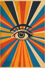 1960s psychedelic graphic design poster, bold typography with an eye in the center of the frame, colorful and symmetrical layout in the style of the period