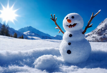 Obraz premium Funny snowman in winter mountain scenery. Merry christmas and happy new year.