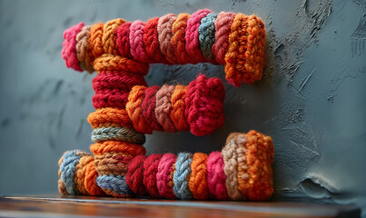 Knitted colored letter E on an abstract background.