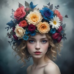 Portrait of a blonde woman with flowers on her head..