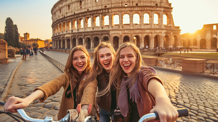 Joyful Friends on a Bike Tour, Selfie in Front of the Colosseum at Sunset