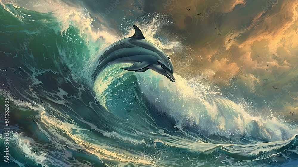 Wall mural beautiful dolphin jumping over breaking waves. Generative Ai