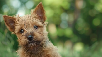 Norwich Terrier puppy positioned against a summery outdoor backdrop