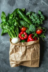 eco bag with vegetables top view on a gray background. Selective focus