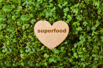 Wooden heart amidst vibrant microgreens, symbolizing the nutritional power of superfoods.