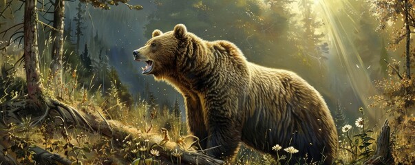 large brown bear roaring assertively amidst a sunlit forest, emphasizing its wild presence.