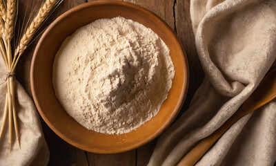 Wheat flour in wooden bowl, wheat ears and linen cloth on a kitchen rustic wooden tabletop. Background of healthy organic baking ingredients.	
