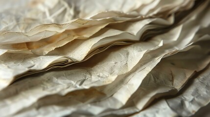 A close-up of a stack of old, crumpled paper. The paper isæ³›é»„ed and has a rough texture. The edges of the paper are torn and frayed.