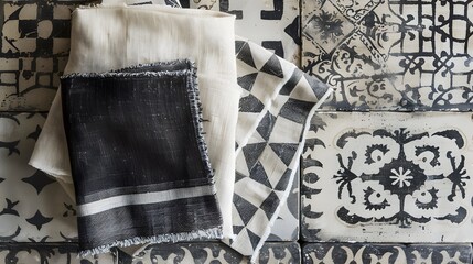 A contrasting yet complementary pairing of cement tiles and natural fabric swatches.