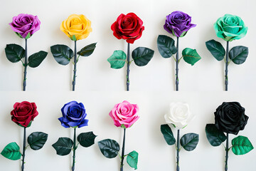 colorful roses arranged in three rows on a white background with diverse hues - Powered by Adobe