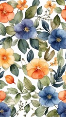 Seamless Endless Hand Drawn Watercolor Abstract Floral and Small Flowers Leaves Pattern Isolated Background
