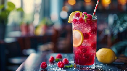 American cuisine. Raspberry-lemon cocktail with honey and sugar.
