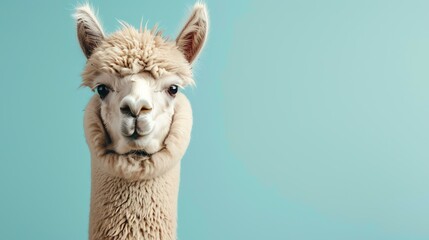 A close-up of a llama looking at the camera with a solid blue background. The llama is white and has a fluffy coat. - Powered by Adobe
