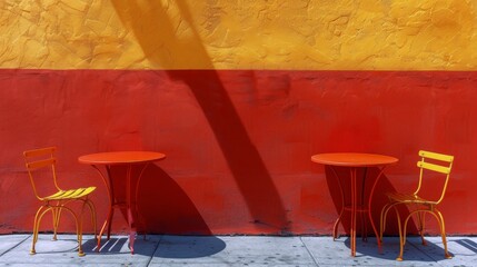 Two Yellow Chairs and a Red Table Against Yellow Wall