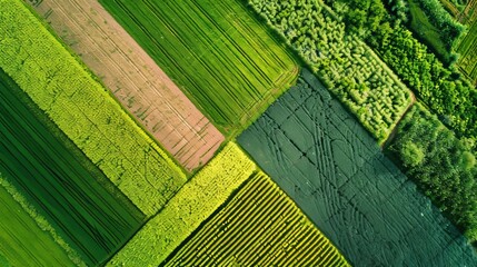 Aerial view of beautiful green agricultural fields and scenic natural landscape from above