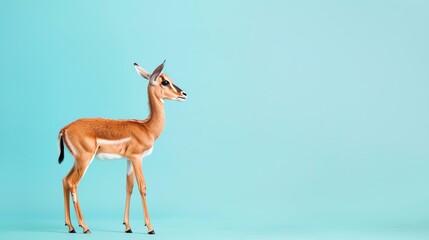 Side view of an antelope standing on a blue background. The antelope is in focus and looking to the...