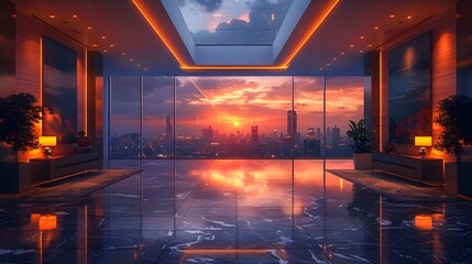 Twilight Tranquility: City Skyline at Sunset through Modern Interior