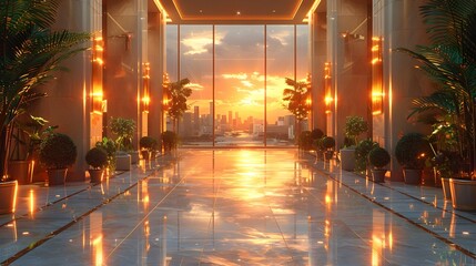 Golden Hour Glow: Sunset Reflections Illuminate Modern Marble Hallway