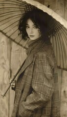 Woman With Umbrella Standing in Front of Wall