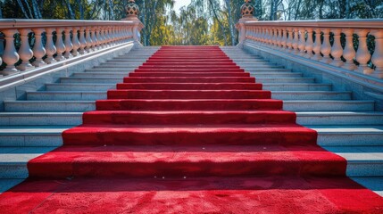 a scarlet carpet cascades down the stairs, adorned with a sleek silver handrail, leading guests to the entrance of a prestigious luxury hotel or theater.