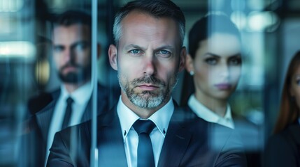 A corporate executives standing in front of a glass window, their expressions grave and intense