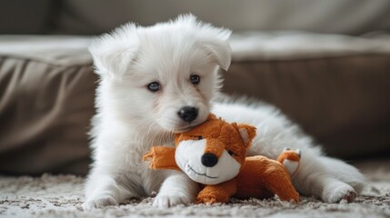 Puppy with white fur playing with toy fox