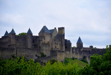 Castle called Cité de Carcassonne, in the region of Occitania, France. Full view of the medieval...