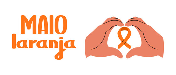 Maio laranja campaign against violence research of children. Hands with orange ribbon. Vector flat banner.