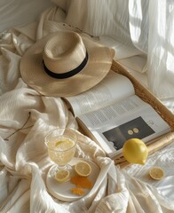 Open Book, Glasses, Straw Hat, Lemons
