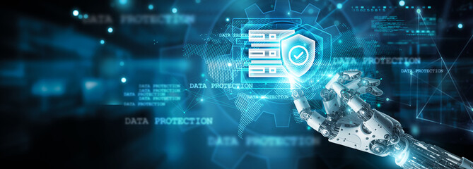 Protection, Hands of robot touch sensitive data and data protection icon, secure connections on...