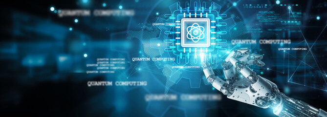 Quantum Computing, Hands of robot touch quantum bits and the Quantum Computing icon, algorithms...